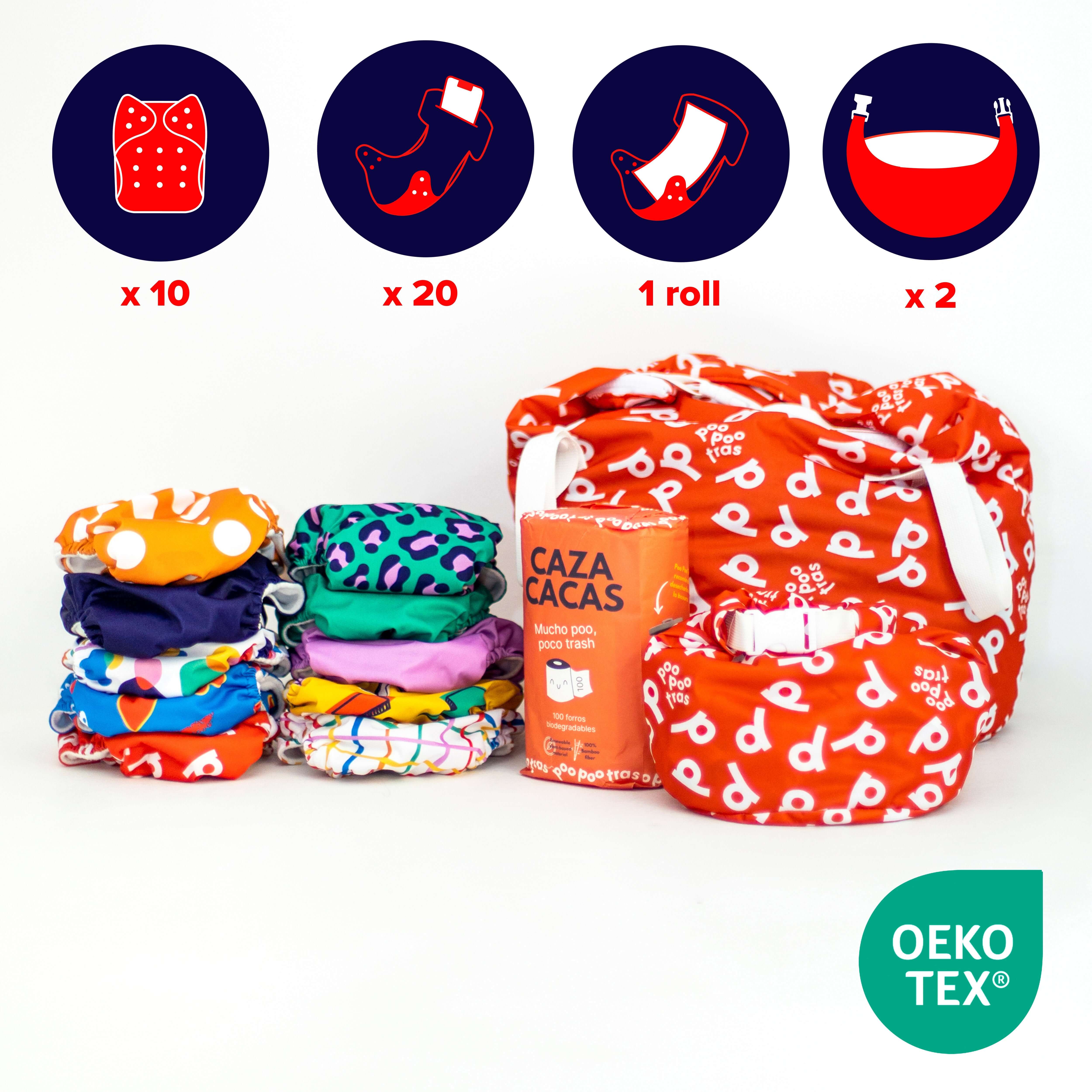 Poo expert Pack: imagen del set completo de los pañales con bolsas y Caza cacas con logos y números de todos los accesorios - en fondo blanco