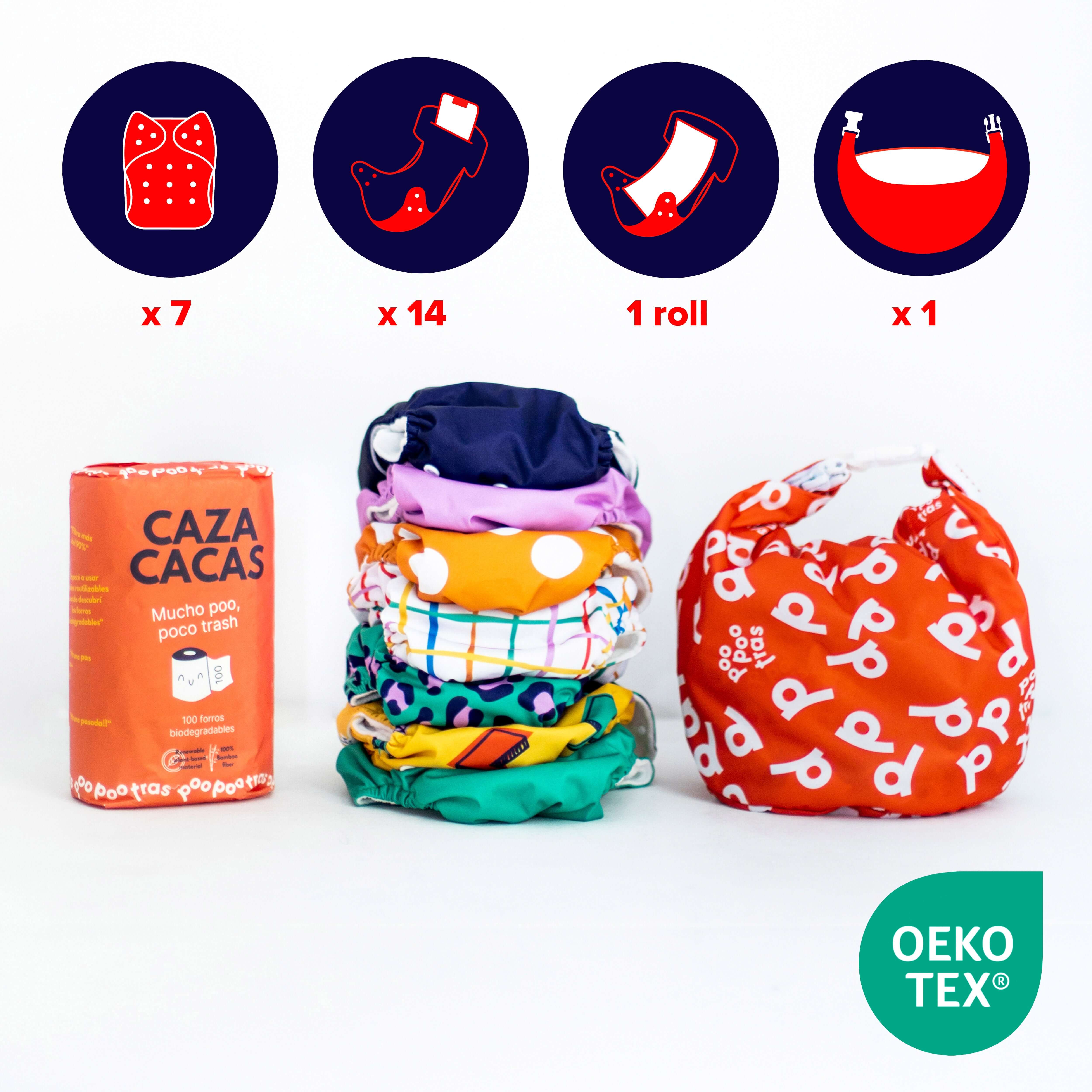 Descubre el pack de pañal sostenible “Pack Poo Trainee” - con logos y números de los accesorios